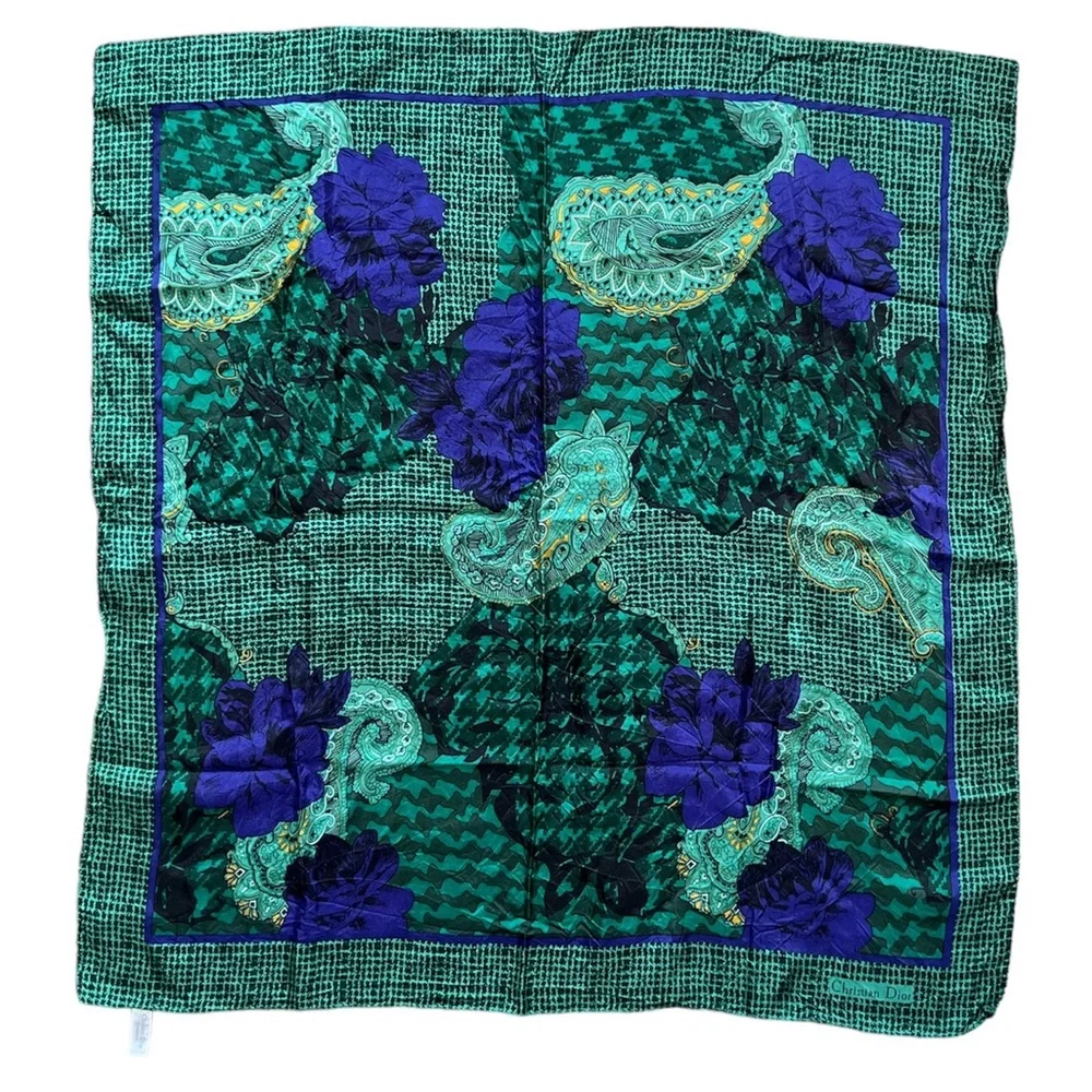 Christian Dior Autumn Green Hues Violet Floral Paisley Silk Scarf Authentic